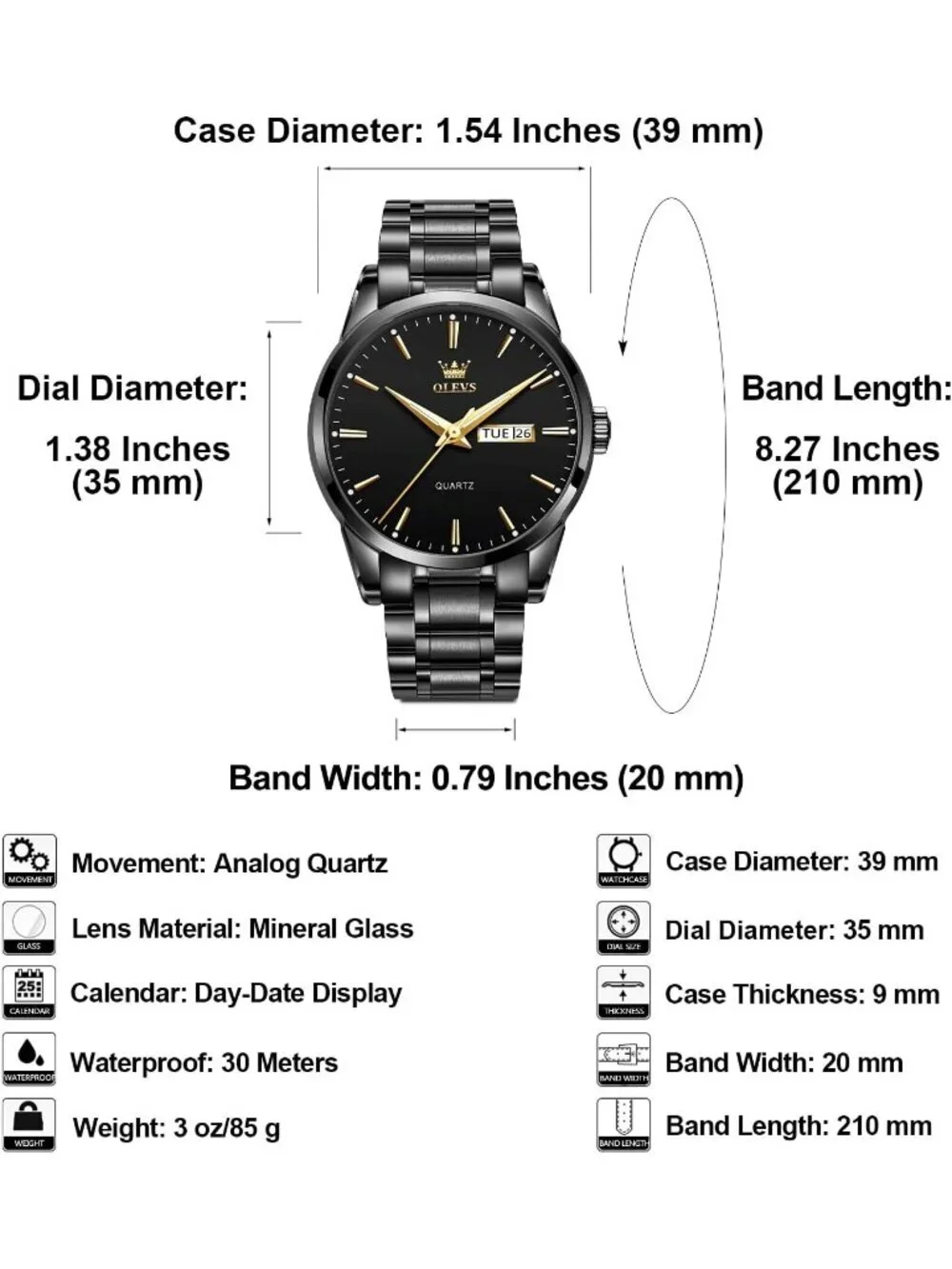 Olevs Men's Black Luxury Stainless Steel Big Face Analog Quartz Luminous Watch